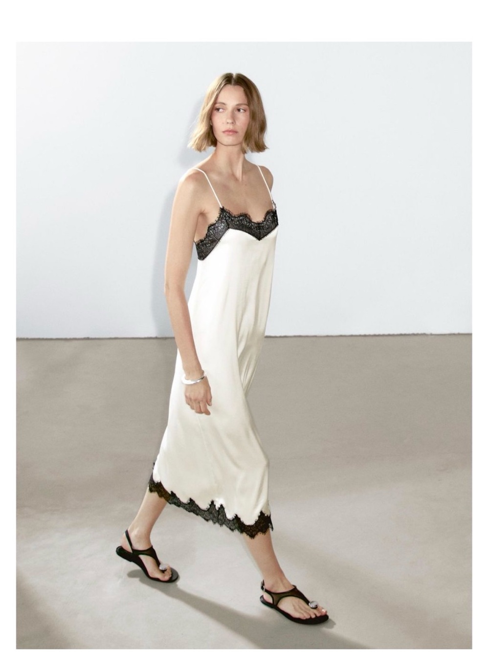 Massimo Dutti Ivory Slip Dress with Black Lace Trim